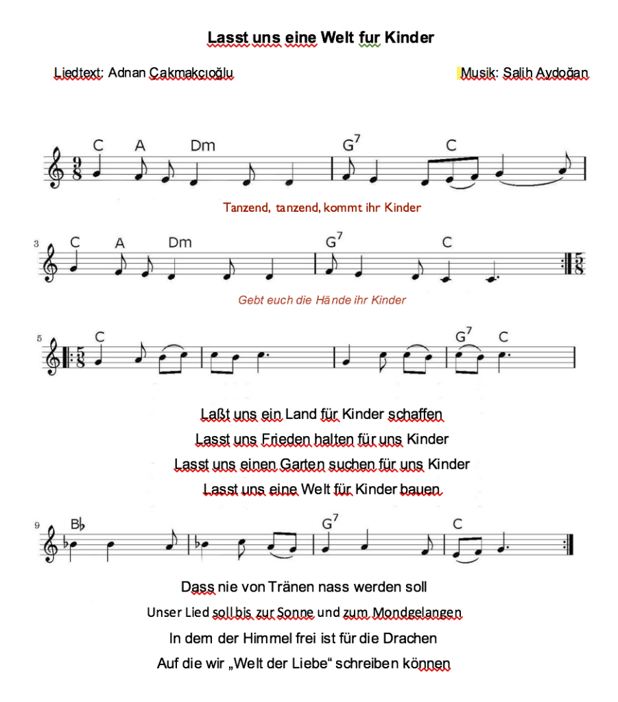 In German Score of "Bir Dünya Bırakın Biz Çocuklara" Lyrics by Adnan Çakmakçıoğlu, (1979, UNICEF) First Place