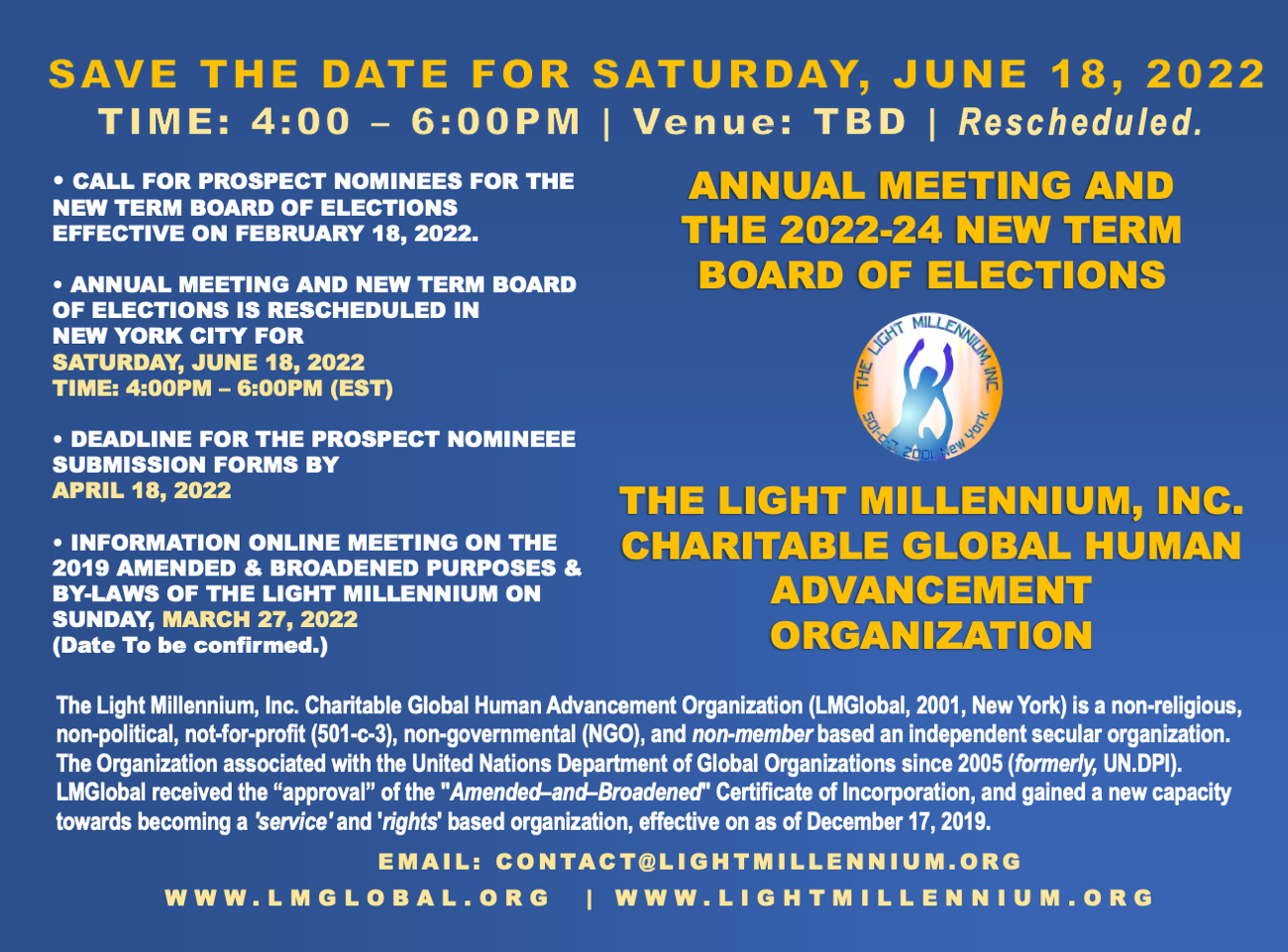 2022-24 SAVE THE DATE for THE NEW TERM BOARD OF ELECTIONS OF THE LIGHT MILLENNIUM