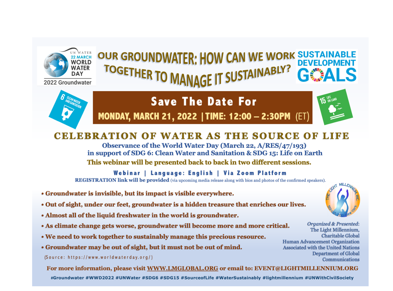 OUR GROUNDWATER: HOW CAN WE WORK TOGETHER TO MANAGE IT SUSTAINABLY? & CELEBRATION OF WATER AS THE SOURCE OF LIFE