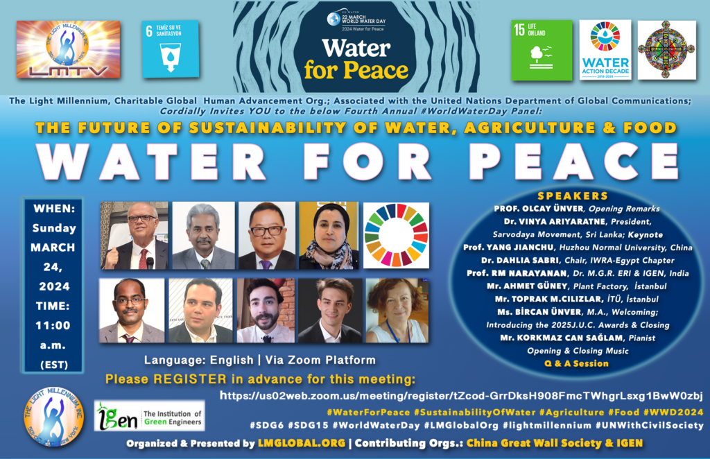 Invitation: THE FUTURE OF SUSTAINABILITY OF WATER, AGRICULTURE & FOOD: WATER FOR PEACE #WaterForPeace, #SustainabilityOfWater, #Agriculture, #Food, #Peace, #WWD2024, #SDG6, #SDG15, #WorldWaterDay, #WaterAction, #WaterActionDecade, #JUCAward2025, #LMGlobalOrg, #lightmillennium